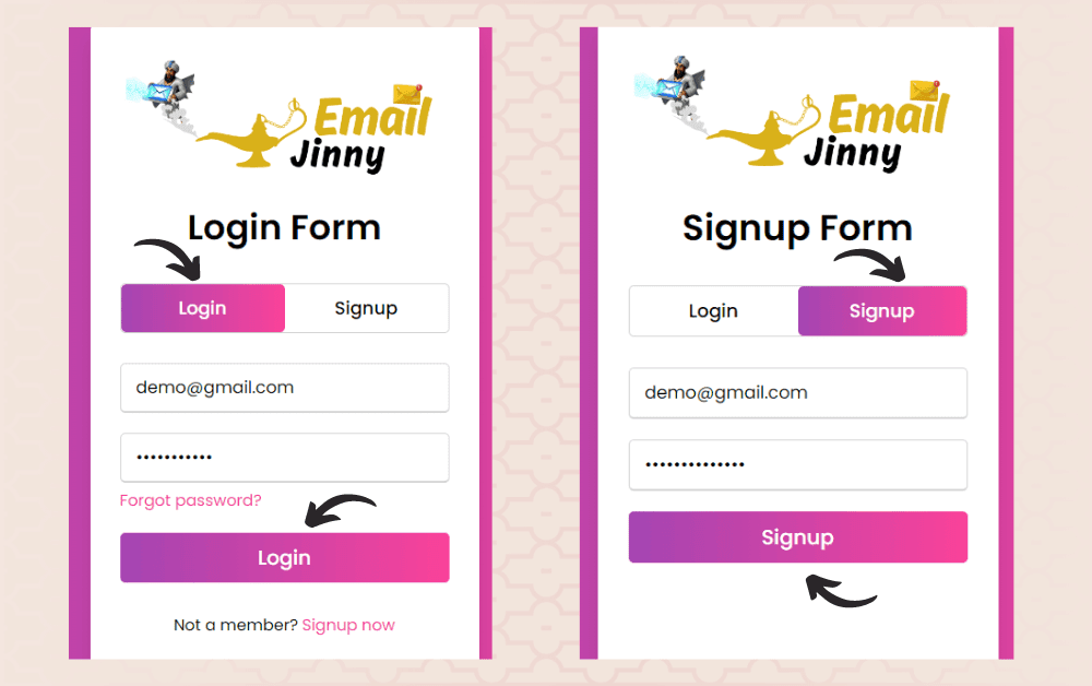 log in and sign up in email jinny