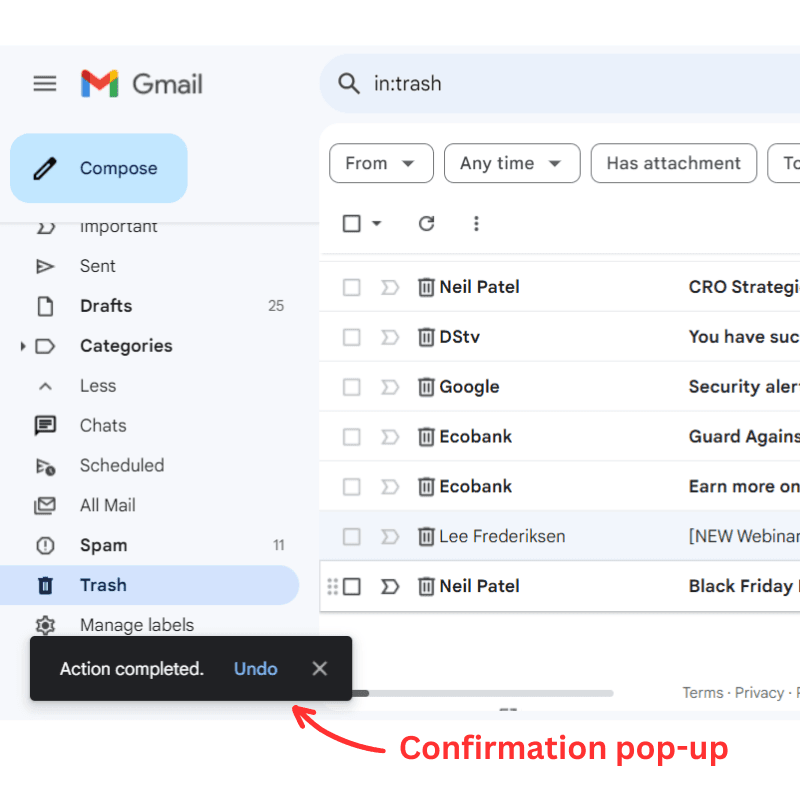 confirm trash recover gmail