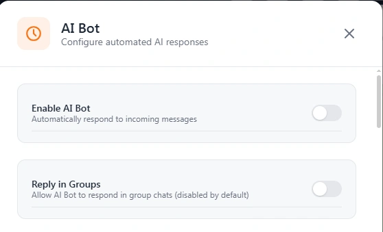 Enable AI Bot Settings in Lion CRM - Enable Bot Reply in Groups Allow General Knowledge