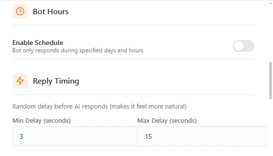 Set AI bot hours feature in Lion CRM to auto reply on specific days and times
