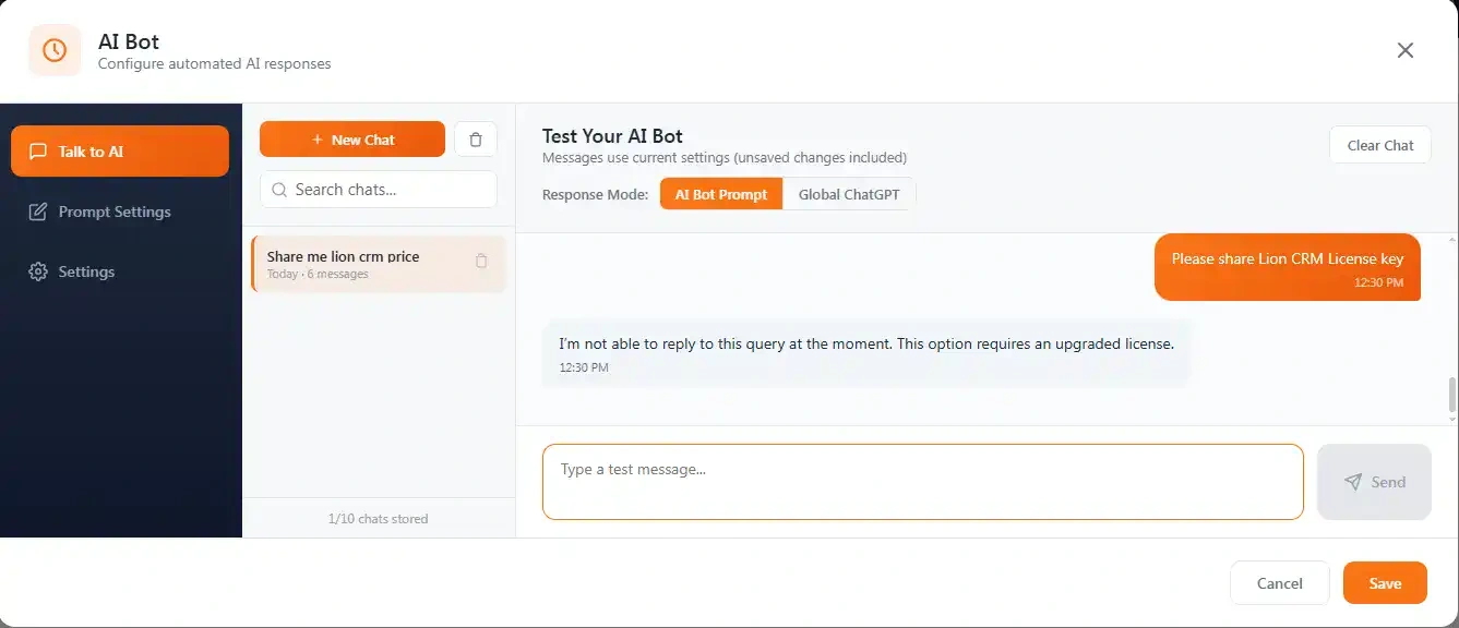 Talk to AI testing feature in Lion CRM - test your WhatsApp AI chatbot prompt and settings