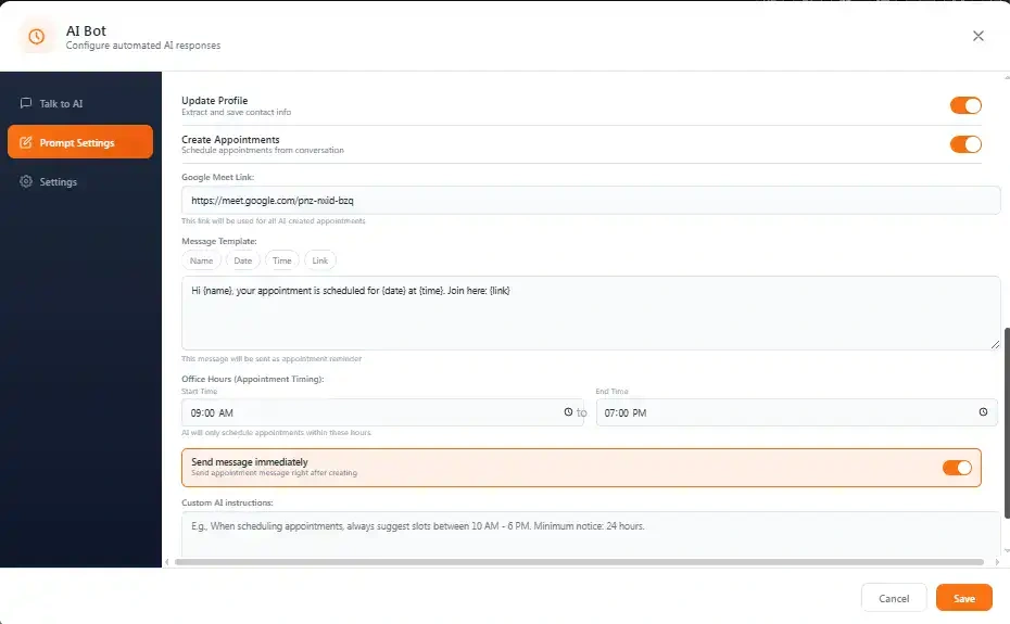 AI Bot Appointment Booking setup in Lion CRM - Message Template Office Hours Custom Instructions