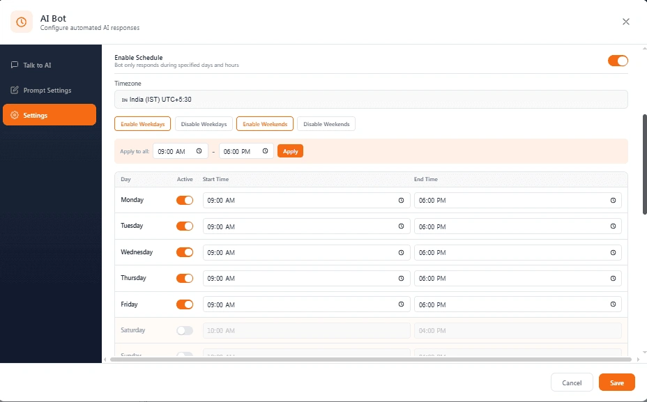 Bot Hours Schedule in Lion CRM - Set timezone weekdays weekends and specific times for AI Bot