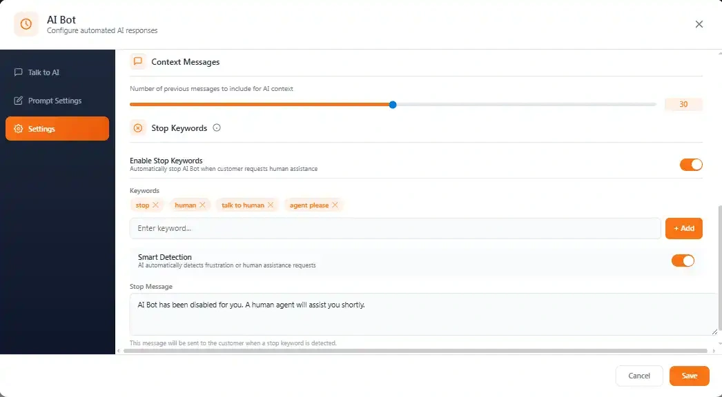 Reply Timing and Context Messages settings for WhatsApp AI Chatbot in Lion CRM